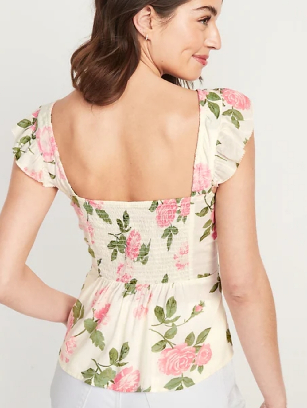 Old Navy cream floral rose print smocked bust ruffled flutter sleeve blouse - Picture 4 of 9